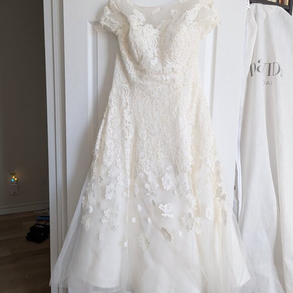 Oleg Cassini for David's Bridal Cap Sleeve Tea-Length Wedding Dress - Picture 4 of 14